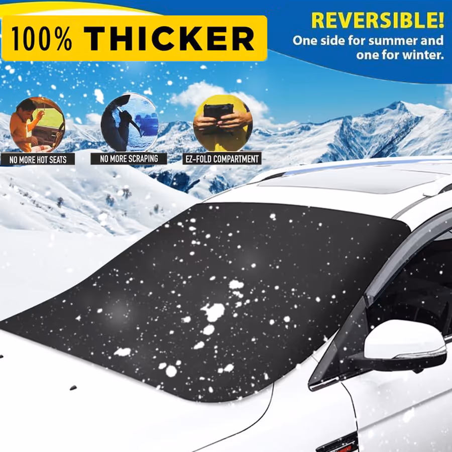 Car Windshield Magnetic Snow Cover in use on a frosty morning